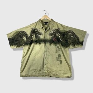 No Boundaries Dragon Button Up Shirt Mens 2XL Green Y2K Cyber Grunge
